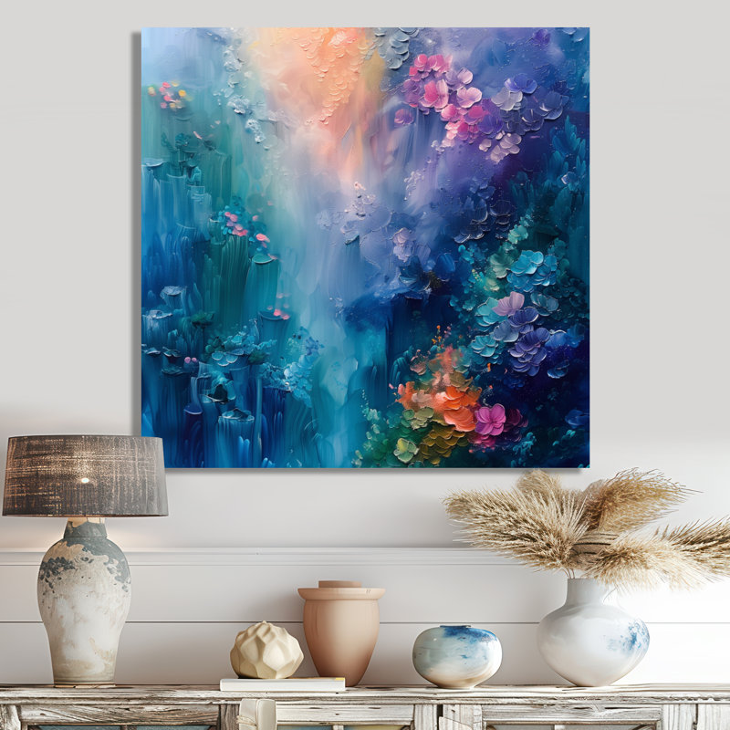 «Blue Coral Sea Floor Symphony IV», impression d'art mural corail, Sans cadre, métal, H 16 po x l 16 po