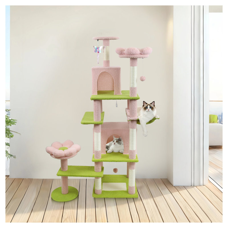 Arbre à chat rose de 180 cm avec grande niche, coussins amovibles et hamac pour chats d'intérieur