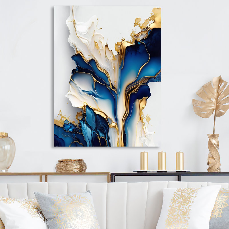 Géode abstraite dorée et bleue forme de marbre III - reproduction non encadrée sur métal, H 44 po x l 34 po