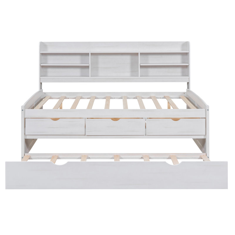 Full Size Captain Bed with Bookshelves & 3 Drawers, Wooden Storage Bed with Trundle, White