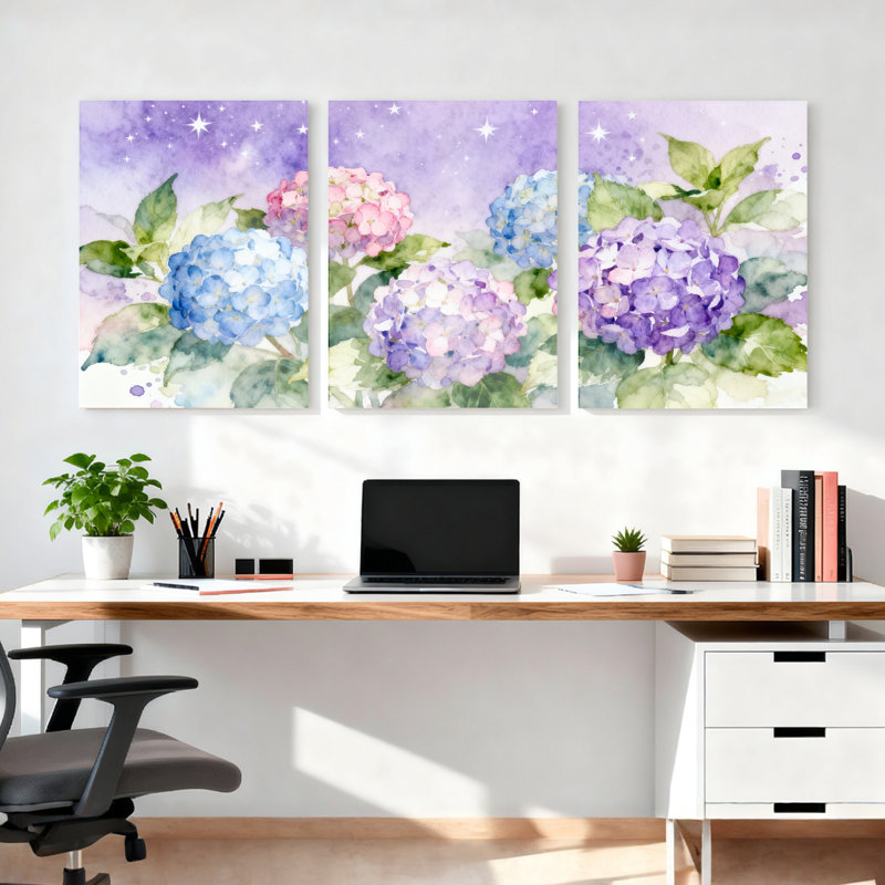 Aquarelle, hortensia, impression sur toile, fleurs mauves et bleues (ensemble de 3), H 18 po x l 36 po