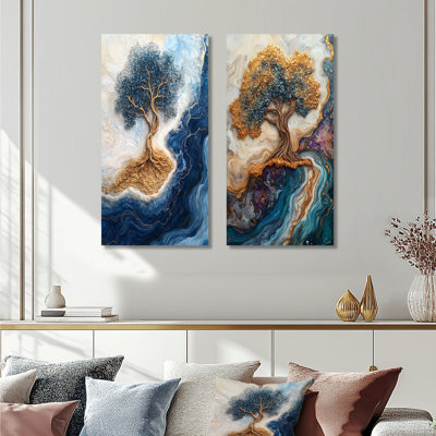 Aqua Tree Of Life Into The River Of Existence I - Landscapes Wall Art 2 Pieces