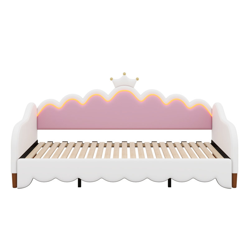 Extending Daybed With LED Lights, Modern Upholstered Princess Daybed With Crown Headboard, White