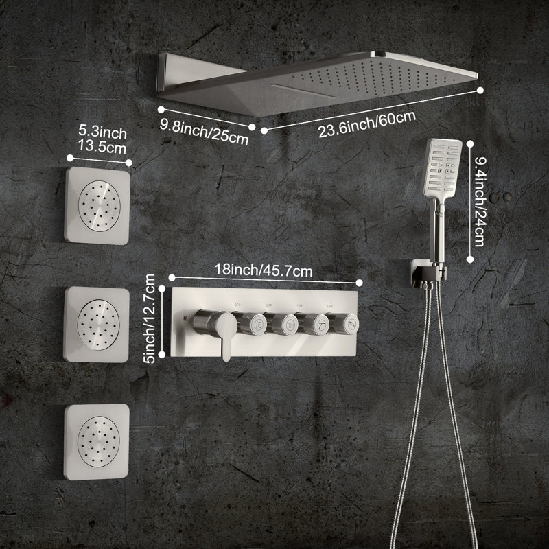 Système de douche mural avec 3 jets de corps et douche à main, Nickel brossé
