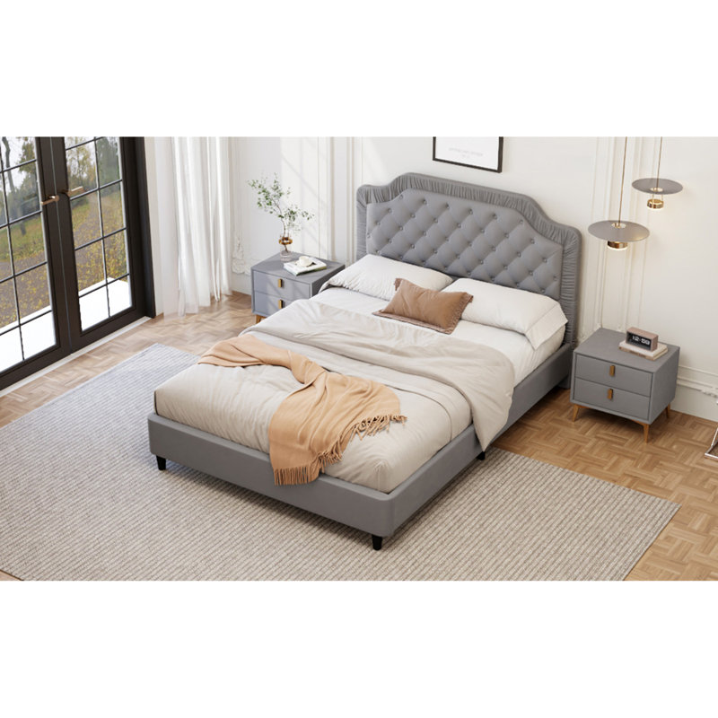 Lit tapissier en velours capitonné, Gris, Double