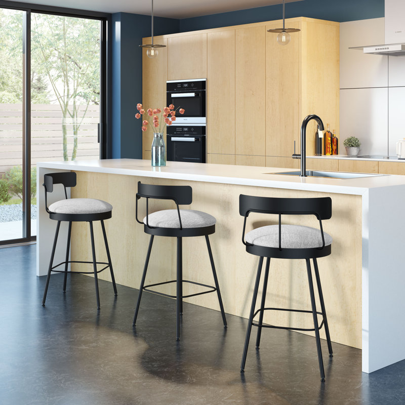 Walley Swivel Counter & Bar Stool, Black, Counter Stool (26.25" Seat Height), Polyester-Gray White