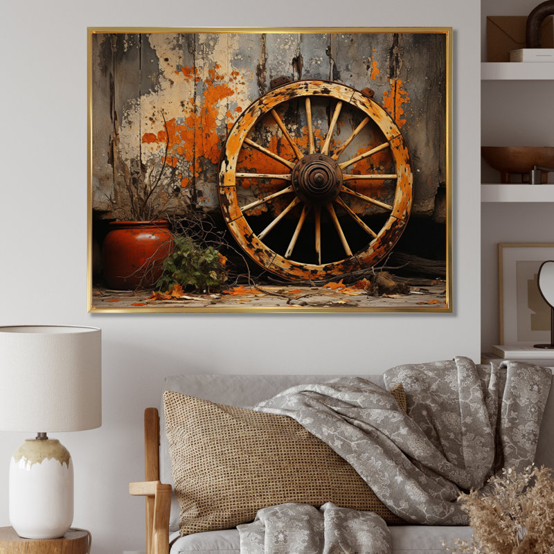 Roue de chariot orange I - décoration murale de transport, Cadre flottant doré, H 24 po x l 32 po x P 1 po