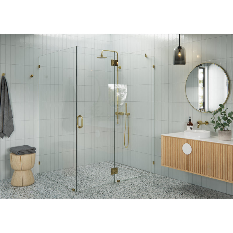 Halo 60 in. x 48 in. x 78 in. 90-degree Fully Frameless Glass Hinged Shower Enclosure, Polished Brass