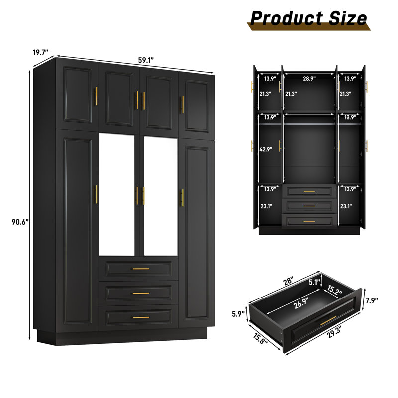 4 Door LED Armoire Wardrobe Closet With Mirror, 90.6'' Wardrobe Armoire With 3 Drawers, Hanging Rod & Cabinet For Bedroom