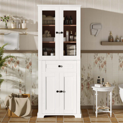 Modern Freestanding Tall Bathroom Cabinet, Tempered Glass Door Linen Tower with Adjustable Shelves, Drawer and Soft-Close Hinges