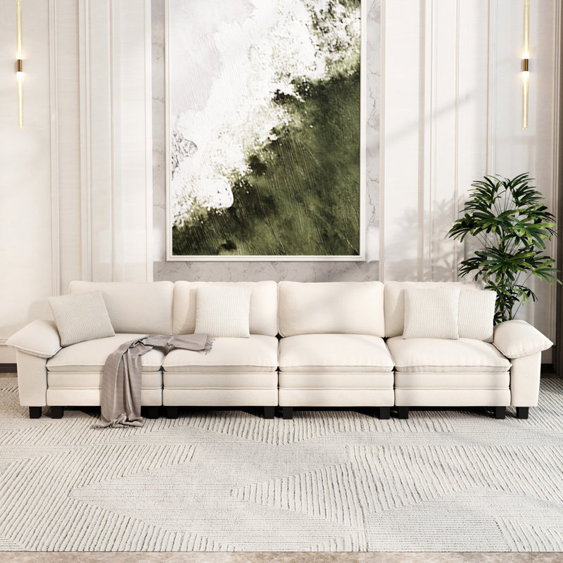 158" Modular Sectional Sofa, Comfy Cloud Couch For Living Room, 4-seater Deep Seat Sofa With Throw Pillow, Ivory Chenille