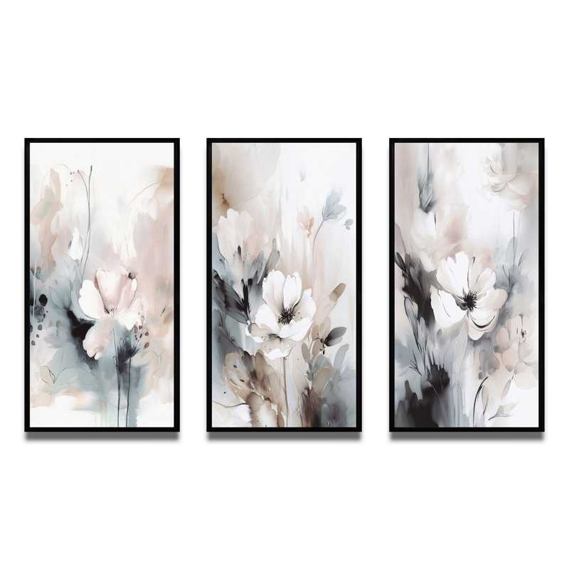 «Delicate Gray Flowers», 3 pièces sur toile, Cadre flottant noir, H 28 po x l 36 po