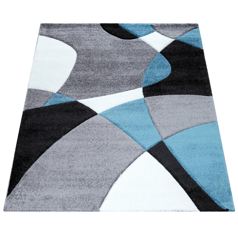 Tapis abstrait en polypropylène tissé à la machine en turquoise / gris / blanc, Rectangle 3 pi 11 po x 5 pi 7 po