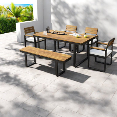 Spacious Patio Dining Sets, Acacia Wood Steel Modern Farmhouse Patio