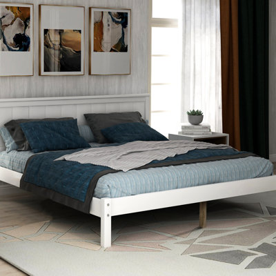 Full Size Platform Bed Frame With Headboard, White, Space Saving No Box Spring Required White Headboard