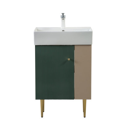 Meuble-lavabo à tablettes ouvertes de 21,6 po avec évier en céramique, porte à fermeture douce, armoire de rangement à tablettes ouvertes sur le côté droit, assemblage requis, vert 24VB06-21LVR