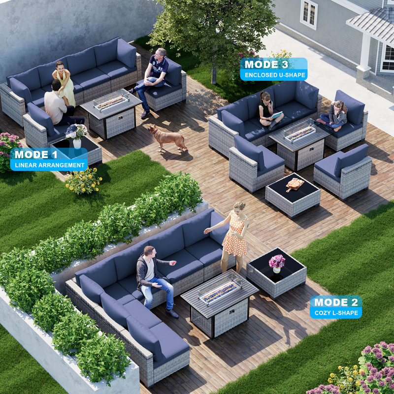 8-Piece Patio Furniture Set, Outdoor Patio Furniture with 55,000 BTU Fire Pit Table, Thick Cushions, Modular Patio Sofa, Dual-Strand Wicker Rattan, Rust-Resistant Frame