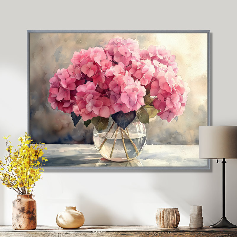 Inestroza hortensias dans un vase en verre II - hydrangées, art mural, H 16 po x l 32 po, Picture Framed, Argent argent