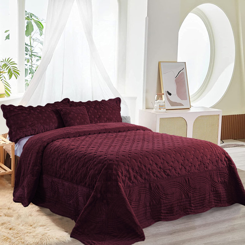 4 Piece Tatami Quilted Faux Fur Set, King Coverlet + 3 Additional Pieces, Burgundy