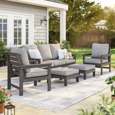 5 Piece HIPS Outdoor Sofa Set with Fade-Resistant & Extra Thick Cushions, Outdoor Sectional with Ottoman for Patio, Yard, Garden