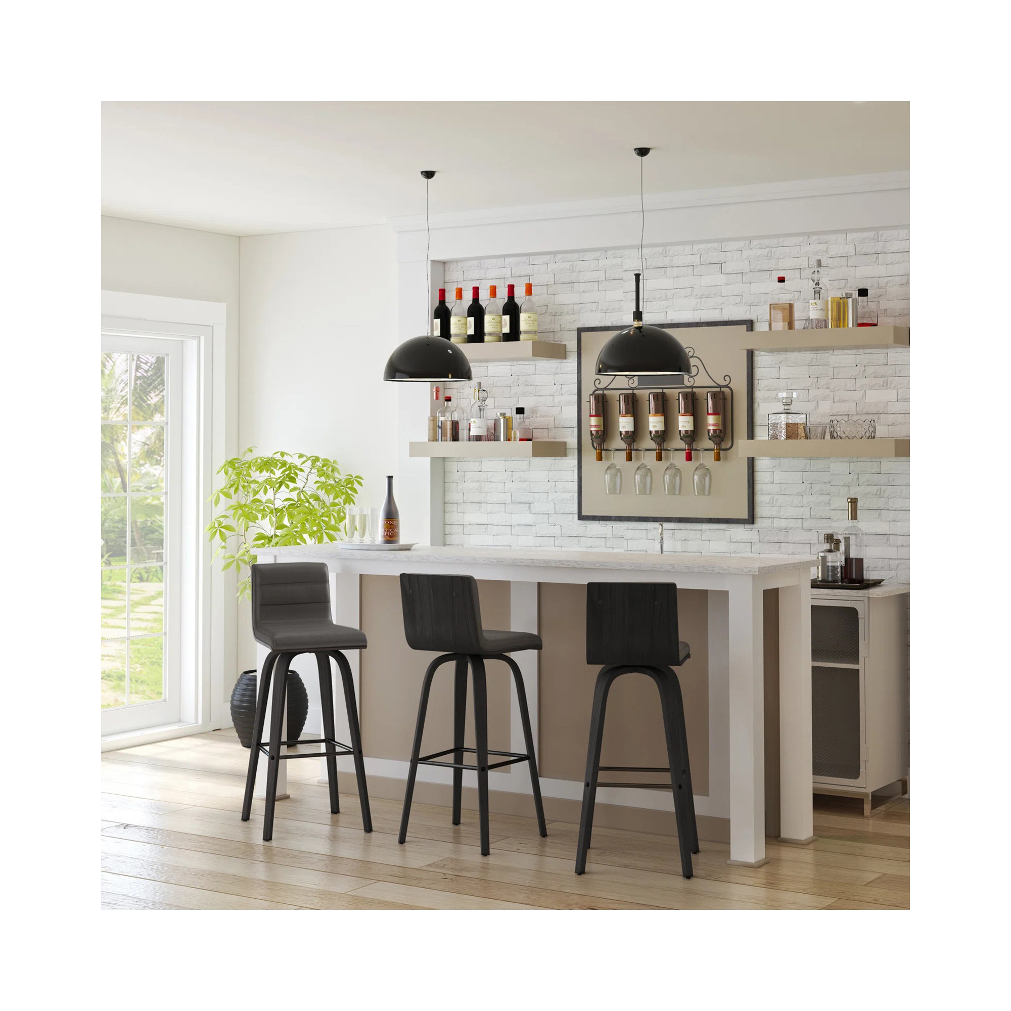 Biance Solid Wood Swivel Bar & Counter Stool, Gray Faux Leather, Bar Stool (30" Seat Height), Black