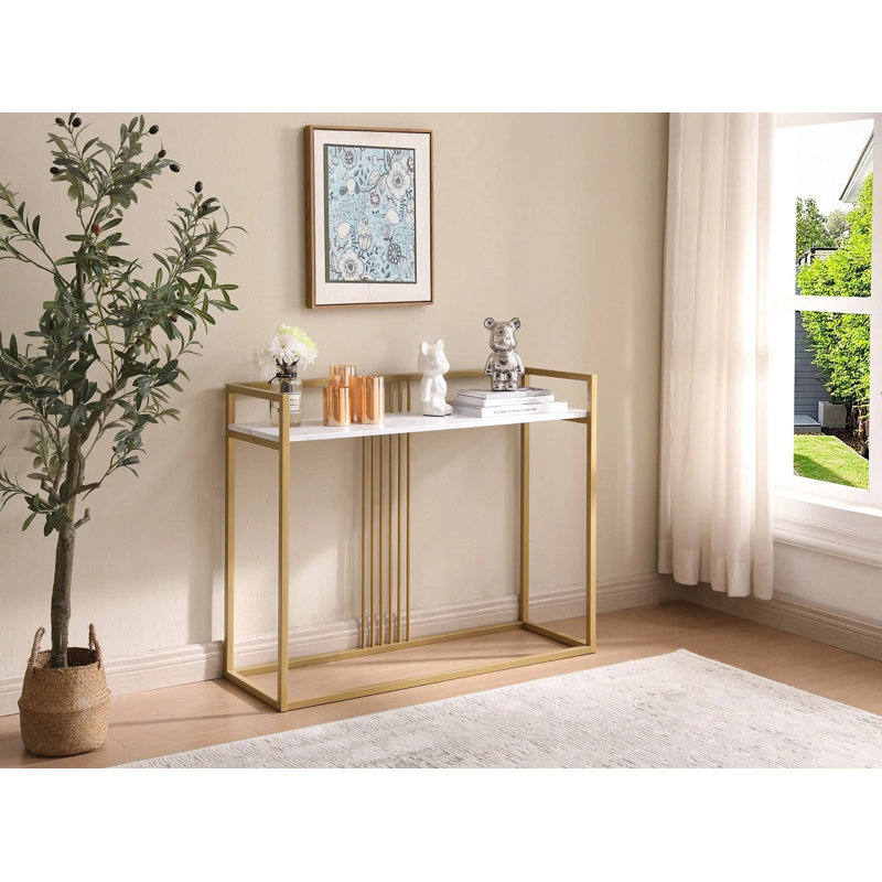 Raedynn 40" Modern Sofa Console Table with Faux Marble Storage Shelf & Metal Frame for Hallway, Bedroom, Living Room, White