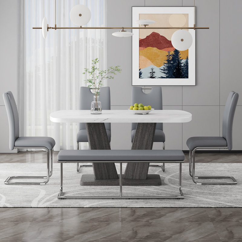 Ensemble de table de salle à manger pour 6, 6 pièces, plateau de table en faux marbre et base en bois aggloméré de conception moderne avec 4 chaises de salle à manger ergonomiques en cuir synthétique et 1 banc (ensemble de salle à manger)