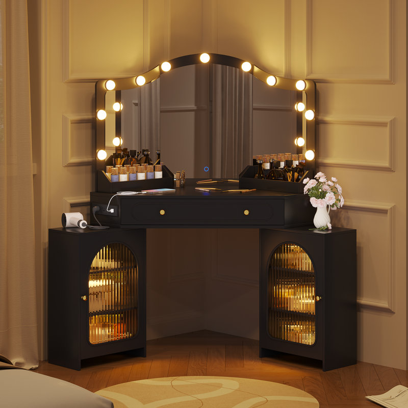 Grand meuble-lavabo avec miroir à DEL et prise de courant, table de maquillage d'angle avec tiroirs, 2 tablettes et 2 armoires de rangement