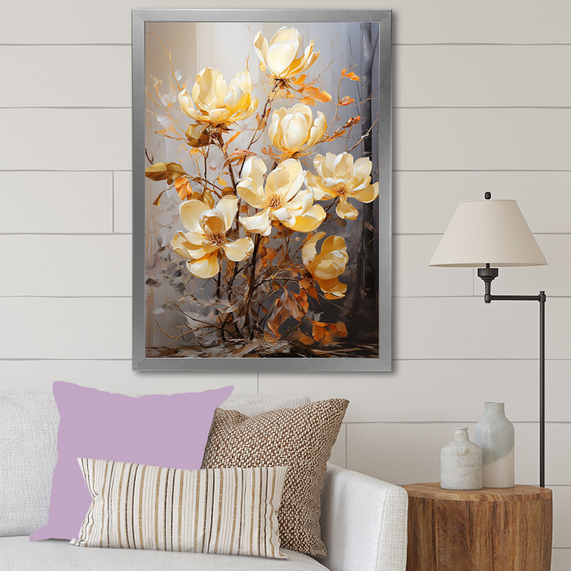 Golden Splendor Magnolias sur toile, Cadre photo argenté, H 32 po x l 16 po x P 1 po
