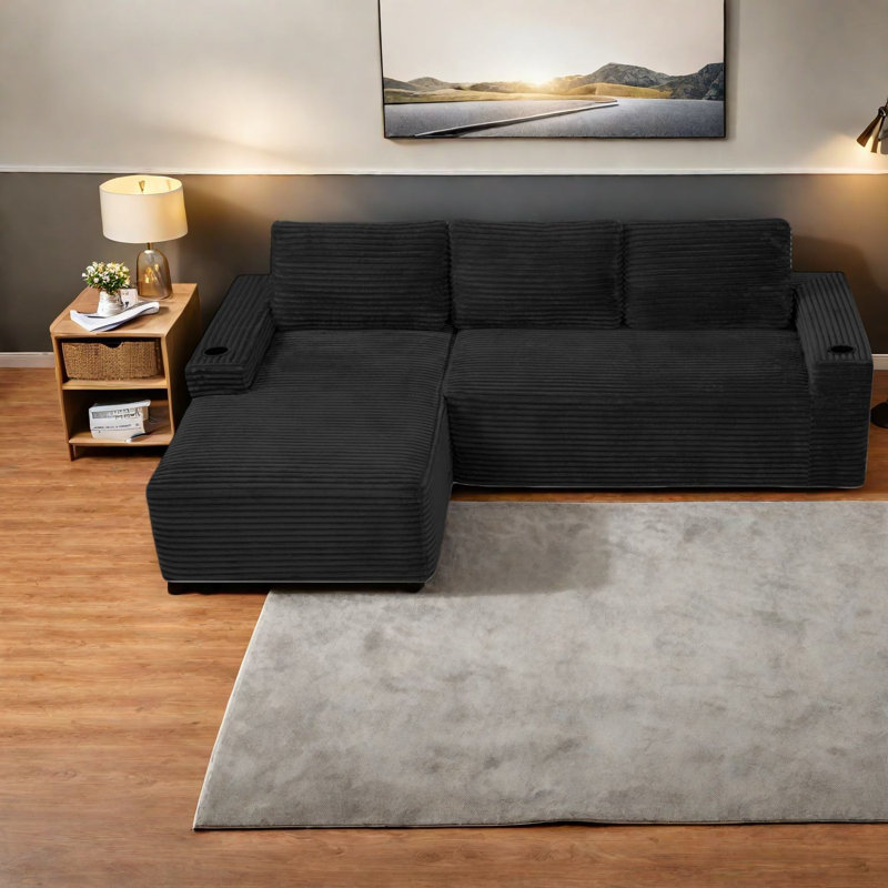 Modulaires spacieux en velours côtelé noir avec rangement, forme en L moderne pour la maison