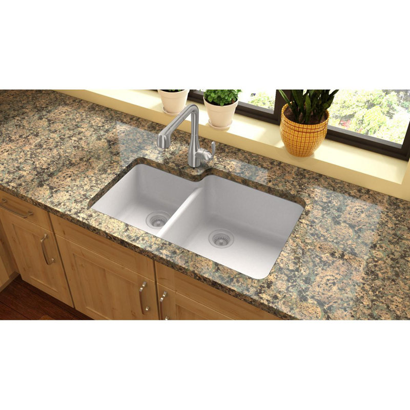 Quartz Classic 33" x 20-11/16" x 9" Double Basin Undermount Kitchen Sink, White