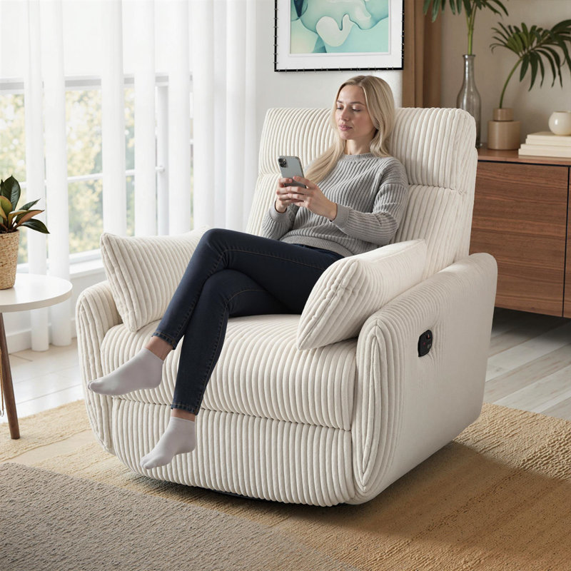 37.5 Inch Modern Swivel Glider Recliner With Footrest And Adjustable Backrest,Soft Plush Corduroy Fabric, White
