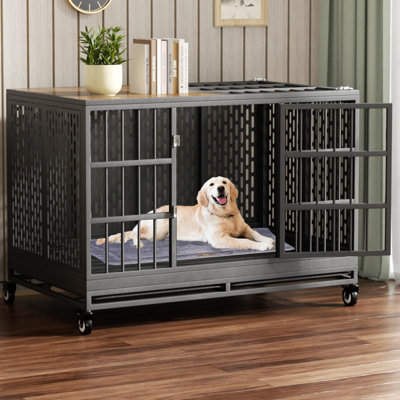 Cage pour chien robuste avec roulettes, grande cage pliante en métal pour grands et moyens chiens, cage pour chien de style indestructible avec plateau amovible.