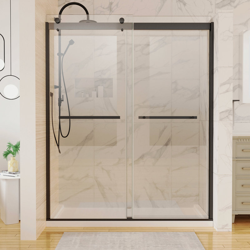Porte de douche coulissante traditionnelle en noir mat avec verre transparent