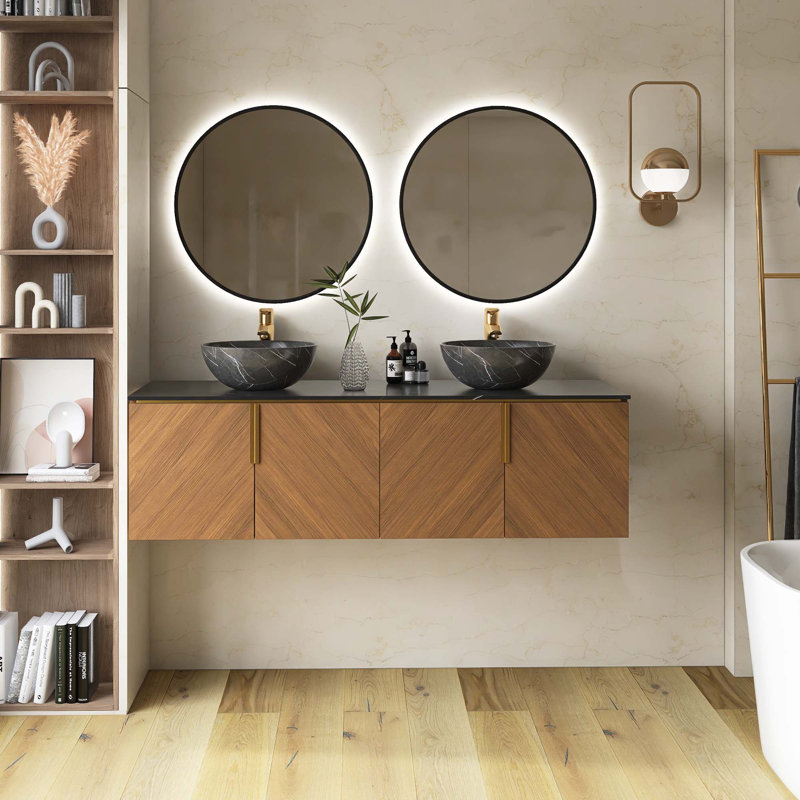 Meuble-lavabo mural en contreplaqué avec comptoir en pierre frittée noire et lavabo et portes ronds en céramique, couleur grain de bois chêne brun
