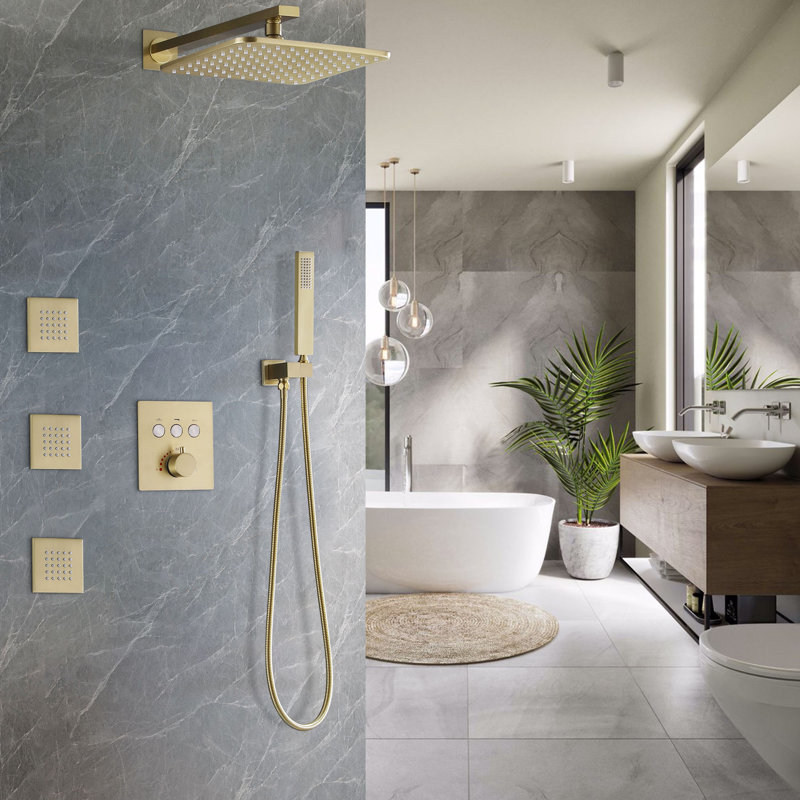Thermostatic Shower Faucet Set 3-Function Wall Mounted Rain Shower System with Body Jets Recessed Wall Mounted Combo
