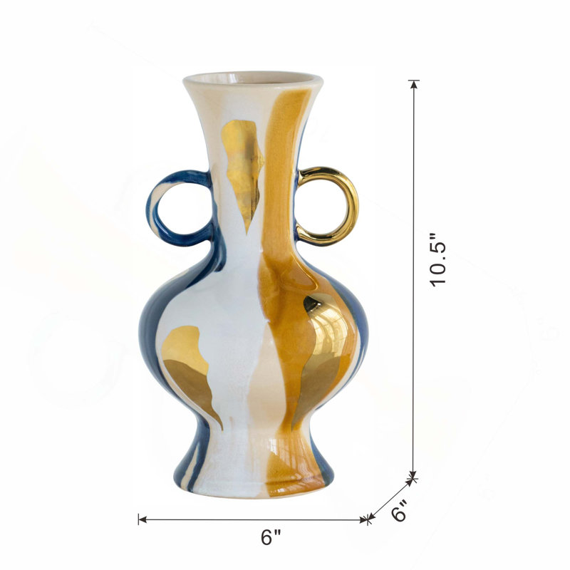 Vase rond en céramique avec finition multicolore abstraite et petites poignées, H 10,6 po x l 5,9 po x P 5,9 po