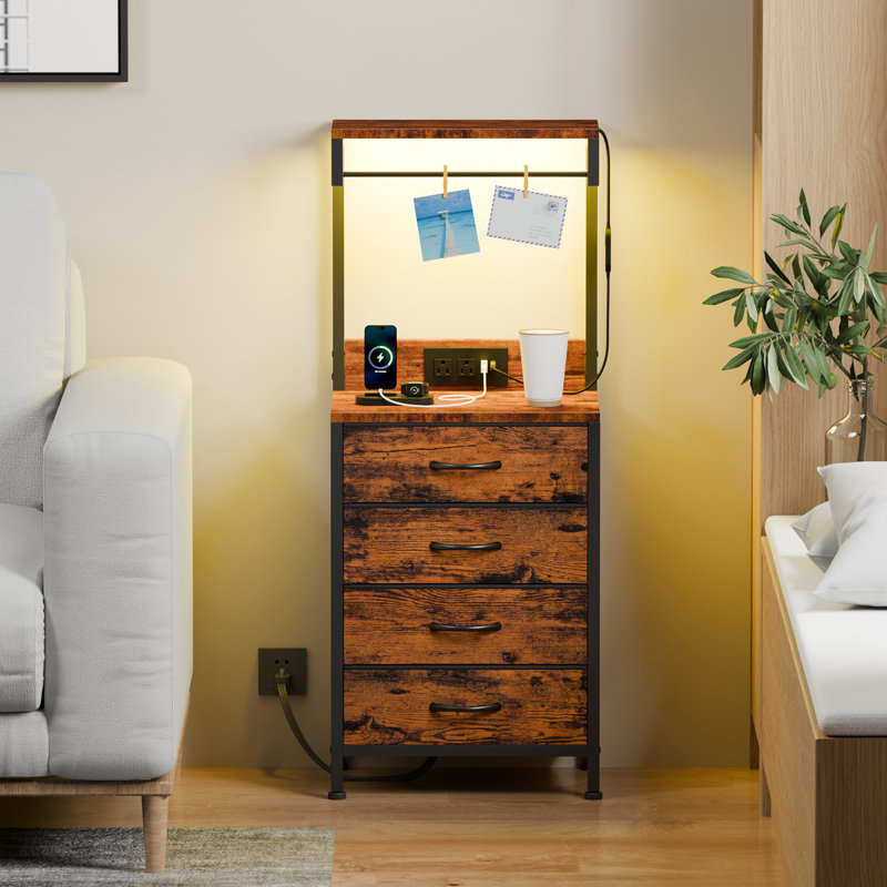 Nightstands with 4 Drawers & Outlets, Bedside Tables with 2 USB Ports & 2-Tier Open Shelf, Rustic Brown