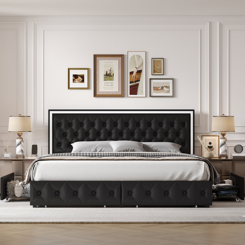 Athanasius Storage Platform Bed with Leather Upholstered Adjustable Headboard and LED Lights, King, Black