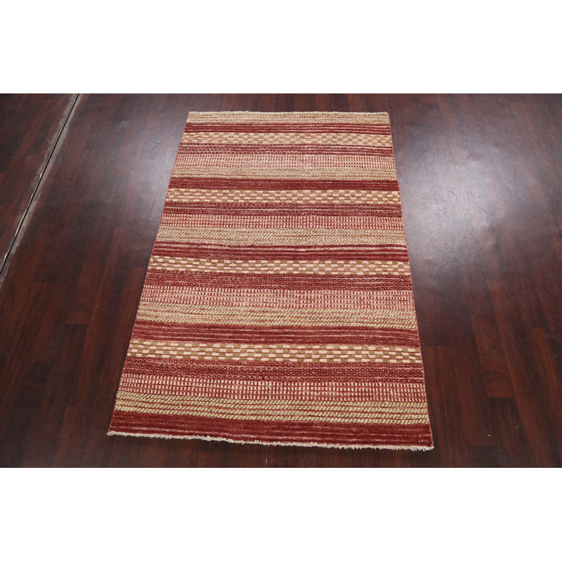 Tapis rouge / beige en laine noué à la main de conception unique 4 pi 6 po x 6 pi 10 po New Age