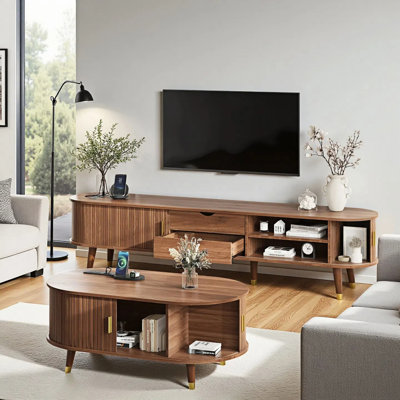 Ensemble de table de salon 2 pièces, meuble télé ovale en bois avec station de charge pour téléviseur de 80 po ou moins, table basse avec station de charge