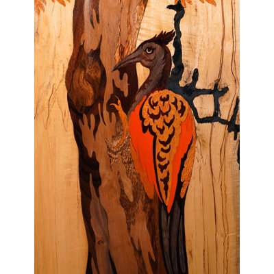 21" Woodpecker On Tree Wood Panel – Handcrafted Natural Color Painting with Inlay on Mysore Rosewood, Artistic Wall Décor for Living Rooms & Offices