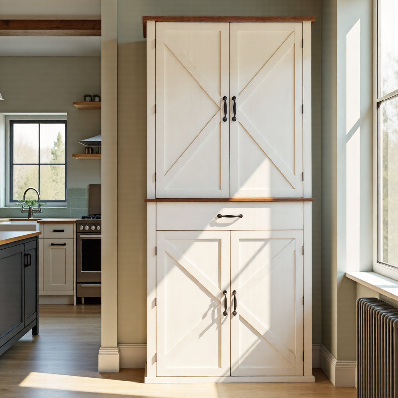 Farmhouse Pantry Cabinet, 70.3" Tall Kitchen Storage Cabinet with Barn Doors, Drawer, Tray, Adjustable Shelves, Rustic White