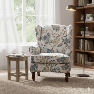 Modern Accent Chair with Retro Wood Legs, Comfy Upholstered Armchair, Floral Design Single Sofa Chair for Living Room Bedroom Office - Floral Blue