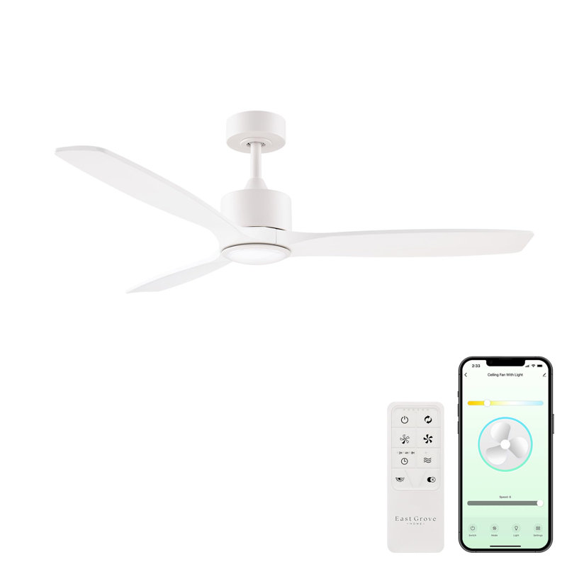 Madera Collection Smart 3-Blade 52in Ceiling Fan 2700K-6000K CCT Selectable LED Light Kit with Remote Control and White Hardware with White Wood Blades Works With iOS or Android App