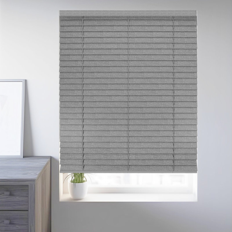 Custom Cordless 2” Inch Faux Wood Blinds with Handcrafted Textured Wood Grain and Valance – Premium Foam Wood Design, Gray
