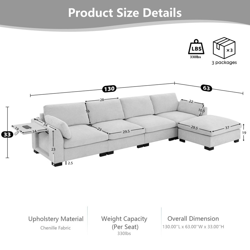 130" Modular L-Shape Sectional Sofa - Chenille Fabric with Folding Table, Dual Charging Ports & Storage Pockets, 330 lb Capacity
