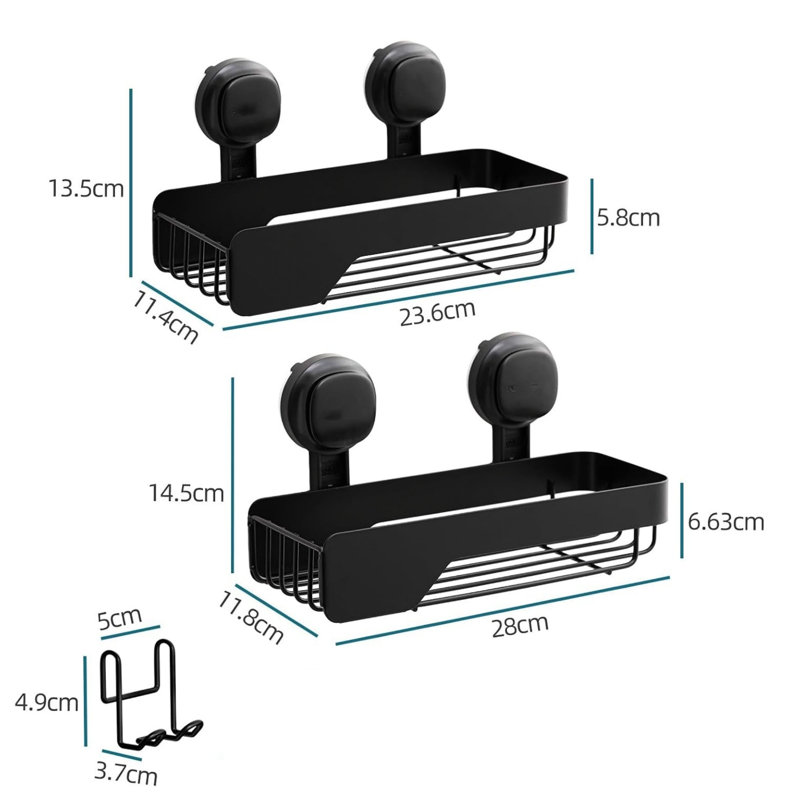 15 x 28 x 12 cm Shower Caddy Suction Cup Stainless Steel, Black, 2-Pack
