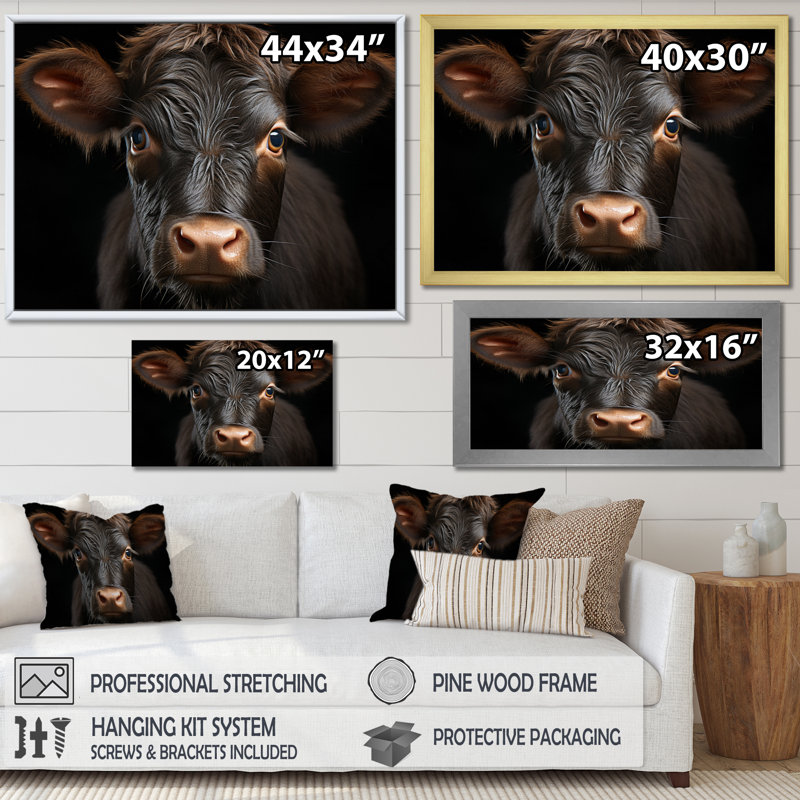 Portrait de vache - grande vache, art mural, Cadre flottant doré, H 16 po x l 32 po x P 1 po