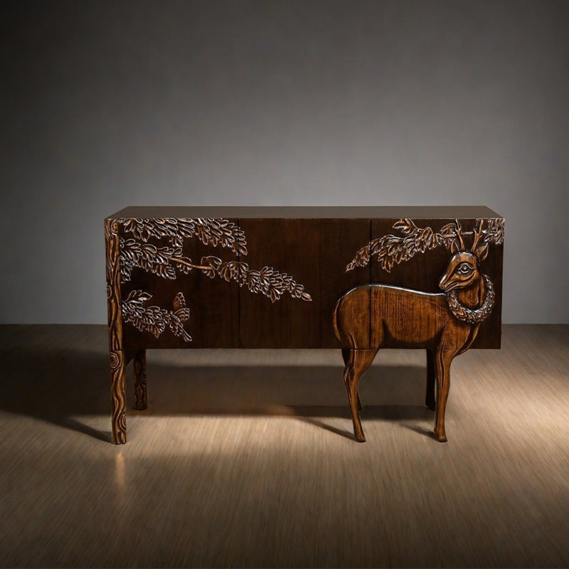 Multi-functional solid wood relief sideboard